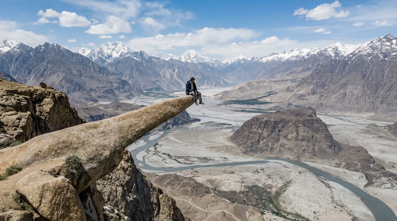 A hiker on the Marsur Rock ledge, Hussainabad Skardu