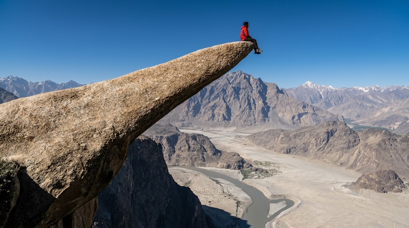 The Marsur Rock ledge over the Indus River bends, Skardu
